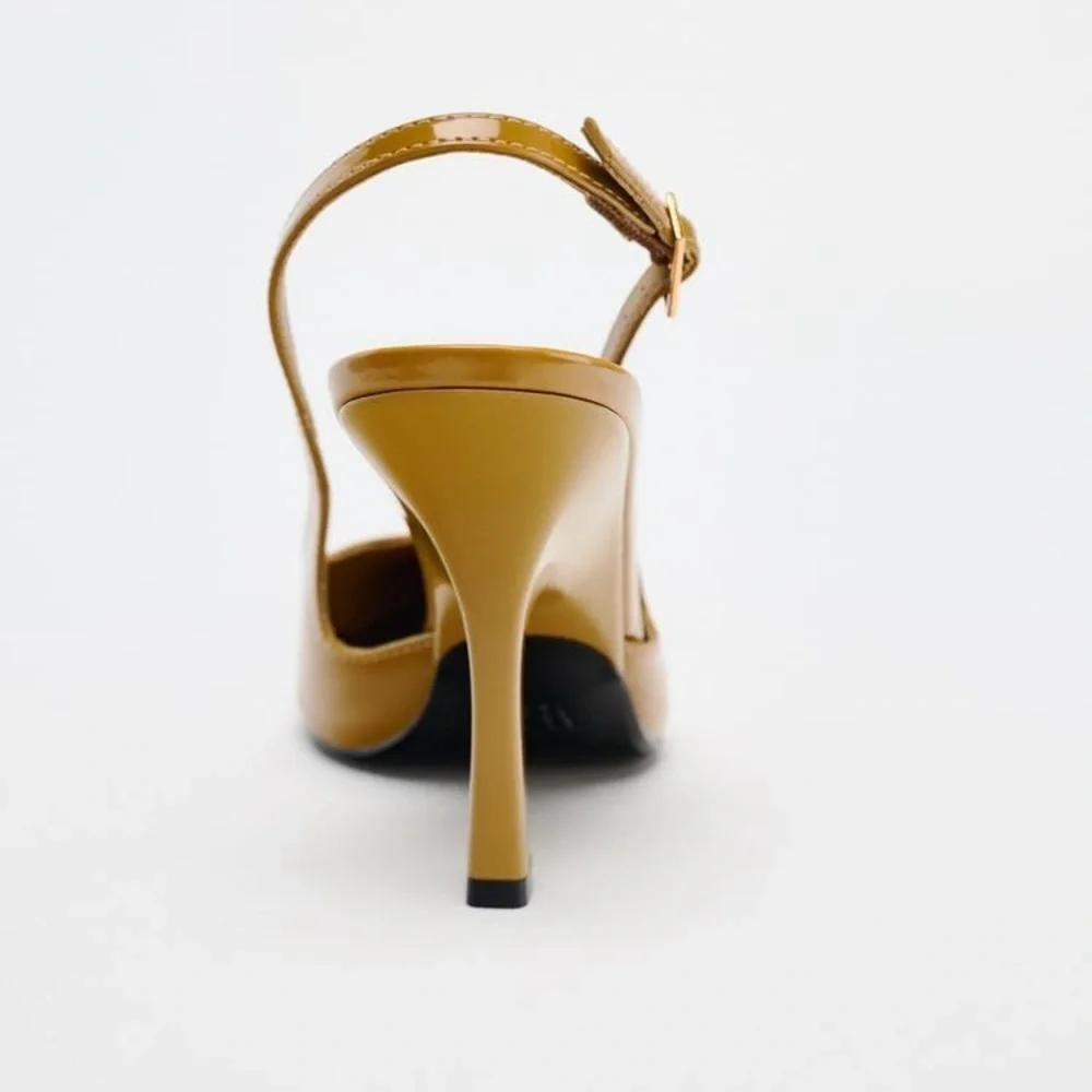 NWT. Zara Caramel Faux-Patent Slingback High Heel Court Shoes. Size 8.